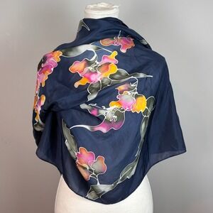 Blue Floral Lightweight‎ Satin Scarf size 34 1/2 x 36 unknown designer